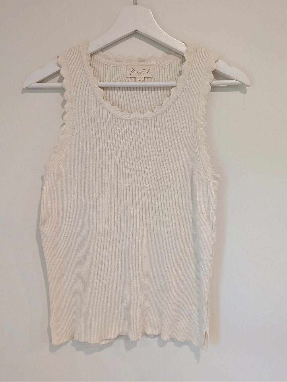 Marled Ribbed Scallop-Edge Tank Top in Cream (Large) Soft girl Coastal Cottage